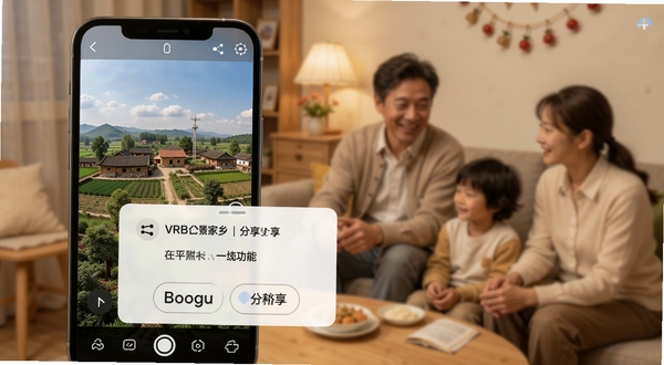 VR全景家乡 分享功能界面 画面展示一部手机屏幕中打开着乡村全景图 旁边有分享按钮弹出菜单 背景是温馨的家庭聊天场景虚化 整体色调温暖 适配Boogu模型生成