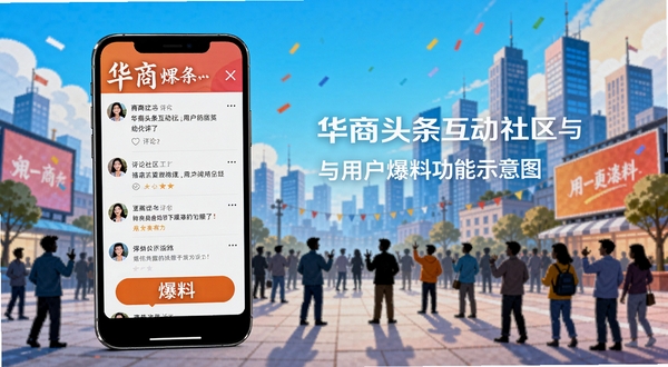 华商头条互动社区与用户爆料功能示意图,画面展示手机界面中评论区与爆料按钮,背景为社区广场人群剪影与城市建筑,氛围活跃、色彩明快