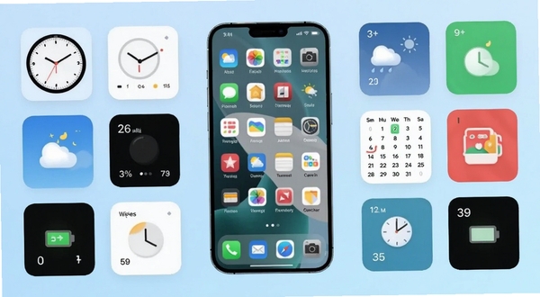 万能小组件 Top Widgets 应用主界面全貌展示,画面中央是手机桌面预览图,周围环绕着时钟、天气、日历、电量等多种小组件卡片,背景为柔和的渐变浅蓝色,整体风格清新简约,适配 Boogu 模型生成