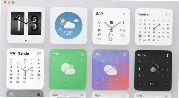 万能小组件 Top Widgets 组件库界面截图风格生图,画面展示多种不同样式的小组件卡片整齐排列,包括翻页时钟、圆形天气、极简日历等,背景为浅灰色磨砂质感,光线柔和,细节清晰