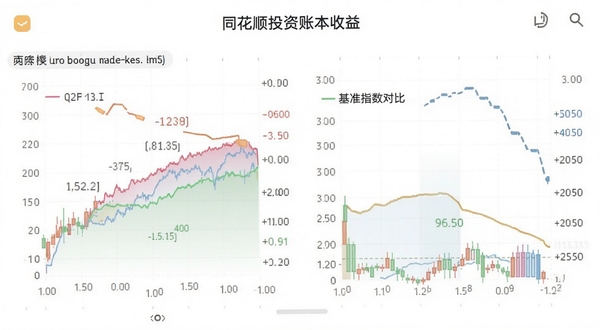 同花顺投资账本收益分析页面,手机屏幕显示彩色收益曲线与基准指数对比图,背景为白色简洁风格,数据标签清晰可见,适配Boogu模型生成