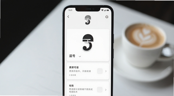 一款名为逗号的安卓手机应用界面展示,画面主体为手机屏幕特写位于正中央,屏幕内显示极简卡片式便签列表与醒目的逗号图标,背景区域为浅灰色桌面与一杯咖啡的虚化场景,整体风格清新简约,适配产品展示图