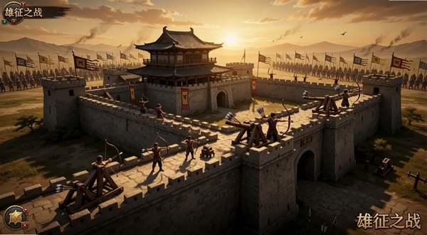 雄征之战游戏主界面全景展示,画面中央是一座雄伟的古代城池,城墙上有弓箭手和投石车严阵以待,背景是夕阳下的辽阔战场,远处敌军旌旗招展,整体采用写实古风美术风格,色调偏暖,适合Boogu模型生成宽幅横版游戏宣传图