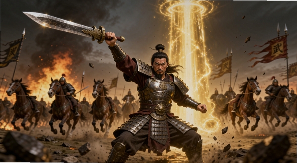雄征之战武将释放技能瞬间,画面中一位身披铠甲的武将高举战刀,身后是燃烧的战场和冲锋的骑兵,技能特效呈金色光柱冲天而起,地面有碎石飞溅,整体风格写实且富有张力,适合Boogu模型生成游戏技能展示图
