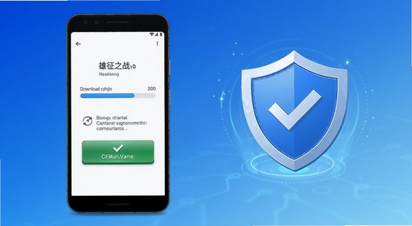 雄征之战游戏安全下载与安装流程示意图,画面展示一部安卓手机屏幕,上面有下载进度条和安装确认按钮,旁边有盾牌图标代表安全认证,背景是简洁的科技蓝渐变,适合Boogu模型生成软件下载引导图