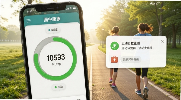 国中康健 运动步数监测界面,手机屏幕展示环形步数进度条与活动提醒弹窗,背景为清晨公园步道场景,风格活力健康