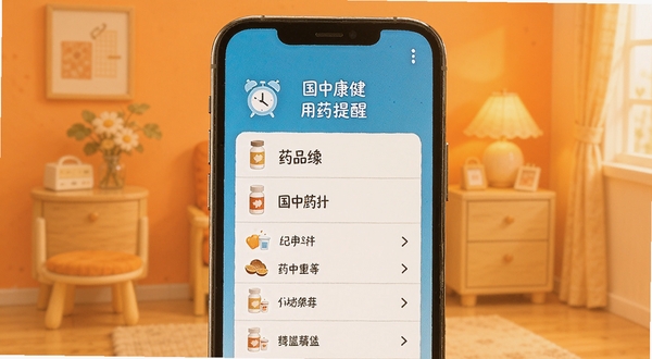 国中康健 用药提醒设置界面,手机屏幕显示闹钟图标与药品名称列表,背景为暖橙色居家场景,风格温馨