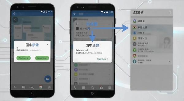 国中康健 手机安装权限设置界面示意图,画面展示安卓系统权限弹窗与设置路径箭头标注,背景为浅灰色科技风格