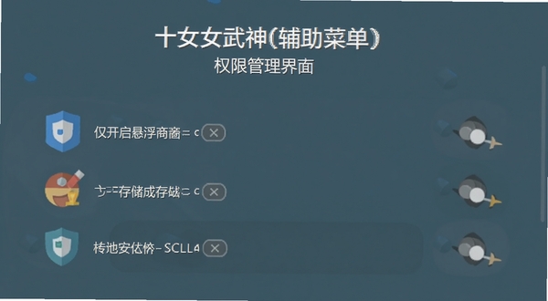 十女武神(辅助菜单)权限管理界面截图,显示仅开启悬浮窗与存储两项权限,其他权限均为关闭状态,界面背景为纯色,图标采用扁平化设计,整体传达安全可信的视觉感受