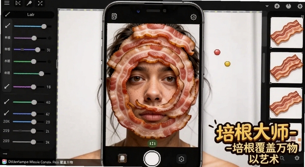 一幅AI生成的创意图片,画面中一部手机正在显示一张被培根覆盖的人像照片,培根片以螺旋状和层叠状覆盖在人物脸上,背景是虚拟的数字编辑界面,有各种调节滑杆和培根素材图标,整体风格幽默夸张,软件名称培根大师-培根覆盖万物以艺术字体出现在画面角落。