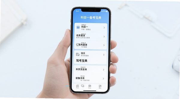 科目一备考宝典软件主界面展示,手机屏幕中央呈现驾考理论题库分类列表,背景为浅蓝色渐变,画面明亮整洁,突出学习工具的实用感与专业感,整体风格清爽简约