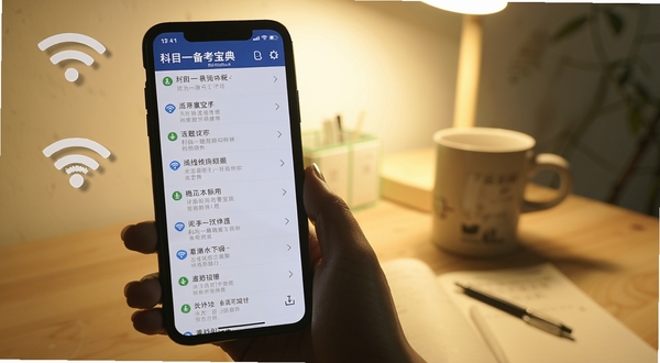 科目一备考宝典离线刷题场景,手机屏幕显示已下载的题库列表,旁边有WiFi信号图标和下载完成标记,背景为室内书桌环境,光线柔和,突出离线学习的便捷性