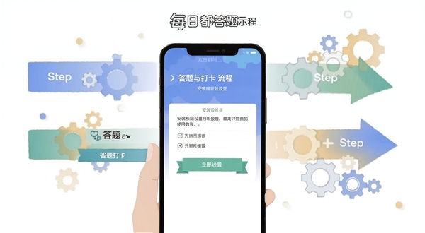 每日都答题使用教程示意图,画面主体为手机屏幕展示安装权限设置与答题打卡流程,背景区域为步骤箭头与齿轮图标组合,整体风格简洁扁平化,适配Boogu模型生成