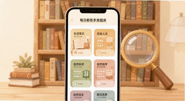 每日都答题多品类题库选择页面,画面主体为手机屏幕内陈列生活常识、历史人文、自然科学等分类卡片,背景区域为书架与放大镜组合的插画风格,色调温暖柔和,适配Boogu模型生成