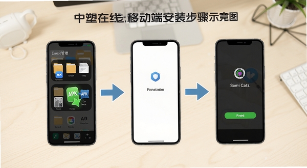 中塑在线移动端安装步骤示意图,画面展示手机屏幕从文件管理器点击APK到安装完成的全过程,背景为浅色桌面环境,画面中有箭头引导视线,风格清晰直观