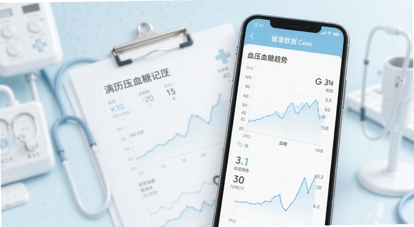 病历夹软件健康数据记录界面展示,手机屏幕中显示血压血糖趋势折线图,背景为简洁的浅色医疗风格,画面主体为手机与数据图表,整体色调柔和清爽