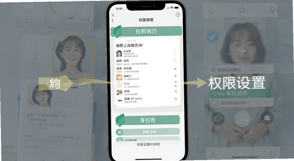 病历夹移动端操作界面截图,展示拍照上传病历和权限设置页面,手机屏幕清晰显示功能按钮,背景为纯色简约风格,突出操作指引感