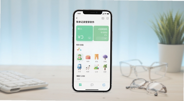 账单记录管家软件主界面预览图,画面中央展示手机屏幕,屏幕内为记账主界面,包含收入支出卡片与分类图标,背景为浅色渐变桌面环境,整体风格简洁清新,适配Boogu模型生成
