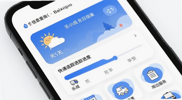 乐小成 生活信息查询界面 手机屏幕显示天气卡片 快递追踪进度条 周边服务图标网格 清爽白色背景 圆角卡片设计 蓝色点缀 扁平插画风格