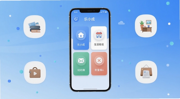 乐小成 手机生活助手 应用主界面 简洁清新风格 蓝色渐变背景 中央展示手机屏幕 屏幕内为乐小成功能卡片布局 四周环绕生活场景小图标 扁平化设计 高清渲染