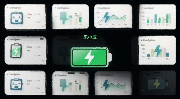乐小成 轻量运行 手机电池续航图标 应用后台资源占用低 简约科技感 深色背景 绿色节能标识 扁平化数据图表