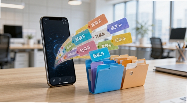风之痕迹智能归档功能演示图,画面展示一部手机放置在木质桌面上,屏幕中显示多条彩色标签卡片从屏幕中飞出,自动落入不同颜色的文件夹中,背景为虚化的现代办公环境,光线明亮柔和,体现智能分类的科技感