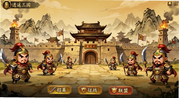 逍遥三国游戏主界面全景,画面中央是气势恢宏的古代城池,城门两侧站立着Q版三国武将,背景是水墨风格的山川与烽火台,画面底部有招募、征战、联盟等功能按钮,整体色调以暖黄与暗红为主,适配Boogu模型生成