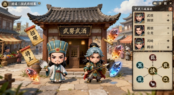逍遥三国武将招募界面,画面中央是一座古风酒馆,酒馆门口站着诸葛亮与赵云的Q版形象,周围漂浮着招募令与将魂碎片,背景是热闹的古代集市,画面右侧显示武将列表与羁绊图谱,整体风格卡通写实,适配Boogu模型生成
