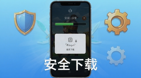 逍遥三国新手引导界面,画面展示一部智能手机屏幕,屏幕上显示游戏安装进度条与权限授予弹窗,手机周围有盾牌与齿轮图标象征安全设置,背景是简洁的蓝色渐变,画面中央有“安全下载”字样,适配Boogu模型生成
