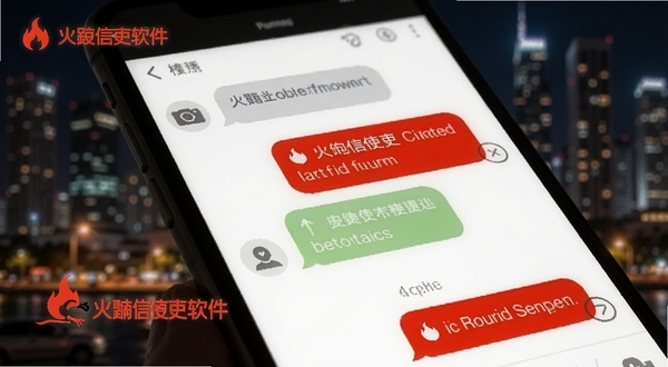火红信使消息聊天界面特写,手机屏幕显示对话气泡与已读标记,背景为模糊的城市夜景,突出即时通讯的流畅感,画面带火红信使软件名称水印