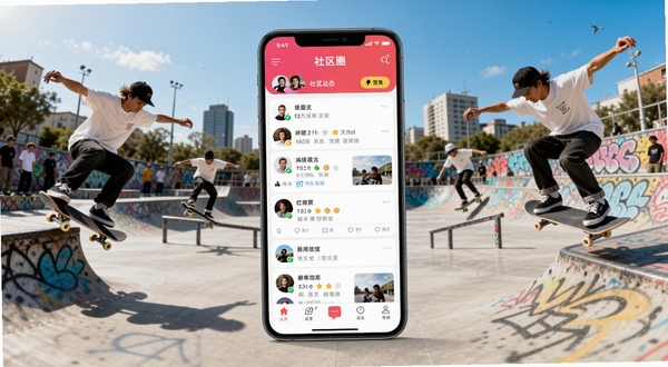 滑板圈软件主界面全景展示,画面中央为滑板圈APP首页社区动态列表,背景区域呈现城市街头滑板公园场景,多名滑手正在练习动作,整体色调明亮活力,突出滑板运动氛围与社交互动感