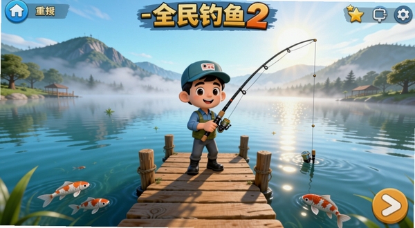 全民钓鱼2-钓鱼大师游戏主界面,画面中心展示一位手持钓竿的卡通钓手站在湖边木质栈道上,背景是清晨薄雾笼罩的远山与波光粼粼的湖面,近景水中有锦鲤游动,整体色调清新明亮,适配Boogu模型生成