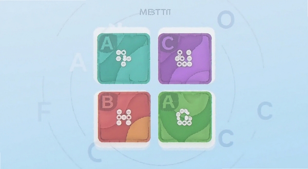 MBTI心理测试 软件主界面 手机屏幕中央展示性格类型卡片 背景为淡蓝色渐变 四个维度字母清晰可见 简洁现代风格