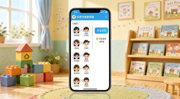 �����������һ�������ֻ�����Ļ��ʾ���ѧ�ý�ʦ�˰༶�������棬�����ѧ��ͷ���б����Ҳ�����ҵ������ť��������������ܰ���׶�԰���ҳ������в�ɫ��ľ�ͻ汾�ܣ����������¿�ͨ���ʺϽ�������������ͼ