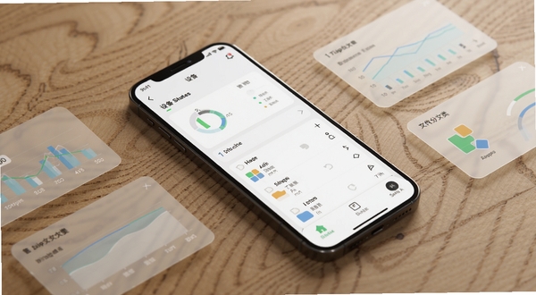 Tispp软件功能展示图,画面中一部手机平放在木纹桌面上,屏幕显示设备状态看板与文件分类列表,周围散落几张半透明的数据卡片,光线柔和,构图干净,体现工具类应用的实用感