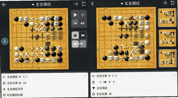 玄玄棋经手机端打谱操作界面,竖屏显示十九路棋盘与下方落子记录列表,棋盘旁有播放控制按钮与变化图缩略图,整体布局清晰易用,适配Boogu模型生成
