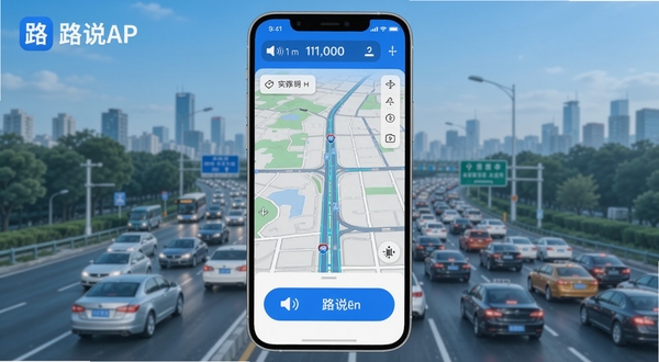路说APP主界面展示,手机屏幕中央显示实时路况地图与语音播报按钮,背景为城市道路与车流,整体风格简洁现代,蓝色主色调,画面清晰明亮,突出路说品牌标识
