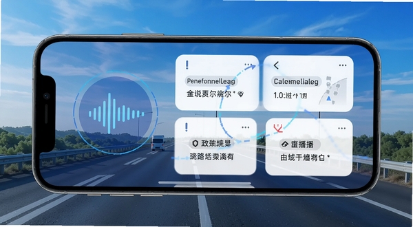 路说APP语音播报功能界面,手机横屏显示,屏幕上有声波图标和路况文字卡片,背景为高速公路与蓝天,画面风格科技感强,突出实时播报场景