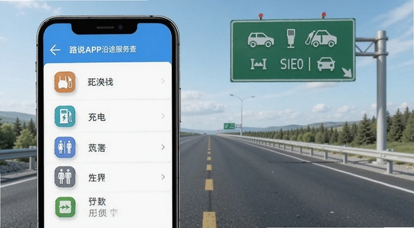 路说APP沿途服务查询界面,手机屏幕显示加油站、充电桩、卫生间等图标列表,背景为公路与路牌,画面清爽,突出便捷查询功能