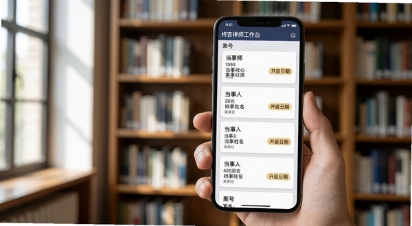 终吉律师工作台案件管理界面,手机屏幕显示案件卡片列表,卡片上有案号、当事人姓名、开庭日期标签,背景为图书馆书架,自然光从侧面照入,画面清晰整洁