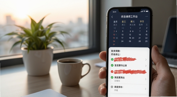 终吉律师工作台日程提醒界面,手机屏幕显示日历视图与待办事项列表,红色标记开庭日期,背景为清晨的办公室窗台,有绿植与咖啡杯,氛围安静专注