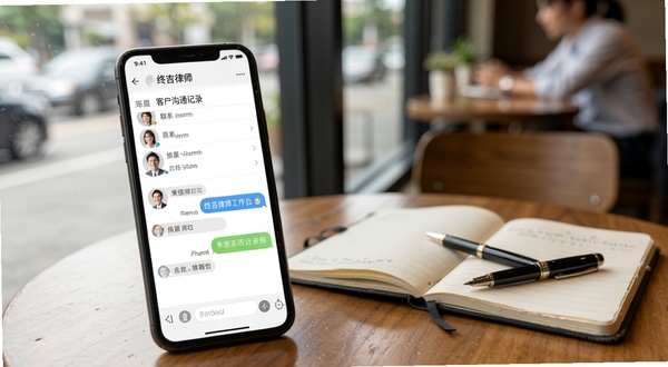 终吉律师工作台客户沟通记录界面,手机屏幕显示联系人列表与聊天式记录,背景为咖啡厅角落,有笔记本与签字笔,氛围轻松自然