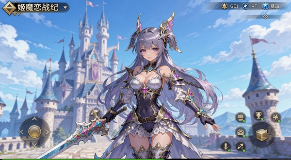 姬魔恋战纪游戏主界面全貌,画面中央是二次元风格的精美战姬角色立绘,背景是幻想风格的城堡与蓝天,UI界面简洁清晰,整体色调明亮柔和,适配Boogu模型生成