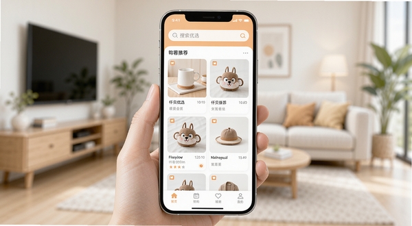 手机屏幕中央展示仟贝优选应用主界面,界面以浅橙与白色为主色调,顶部搜索栏清晰可见,中部为商品推荐卡片流,底部导航栏图标简洁,背景为虚化的现代家居环境,光线柔和明亮,整体风格干净清爽,突出购物助手类应用的实用感与亲和力