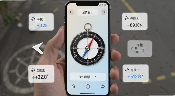 指南针全能王软件主界面展示,中央圆形罗盘刻度清晰,背景为浅色渐变,手机竖屏握持视角,周围环绕方向指示箭头与海拔数值小卡片,整体风格简洁实用