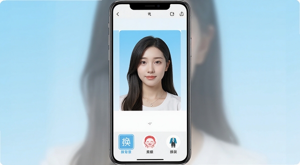 一张展示元气证件照手机应用界面的预览图,画面中心为手机屏幕,屏幕内显示证件照编辑界面,人物半身像位于画面中央偏上区域,背景为浅蓝色渐变,底部工具栏展示换背景、美颜、换装等功能按钮,画面整体明亮简洁,突出元气证件照的核心操作界面