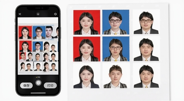 元气证件照排版打印功能示意图,画面中展示手机屏幕显示多张一寸证件照排列在六寸相纸版面上,照片整齐排列,背景分别为红蓝白三色,底部有保存和打印按钮,画面简洁明了,突出便捷的排版导出功能