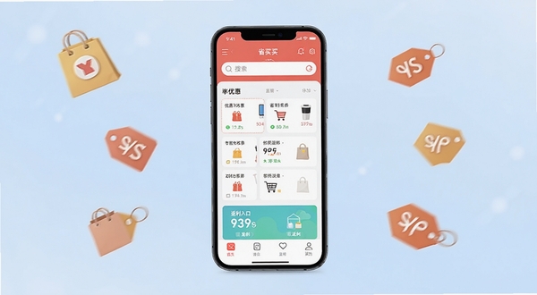 ʡ����App������ȫòչʾ�������������ֻ���Ļ����Ļ�ڳ���ʡ����Ӧ����ҳ�������������Ż�ȯ�б��ͷ�����ڣ���������Ϊ��͵�ǳ��ɫ���䣬��Χ��׺��������ۿ۱�ǩ��Сͼ�꣬��������ˬ��࣬����Booguģ������