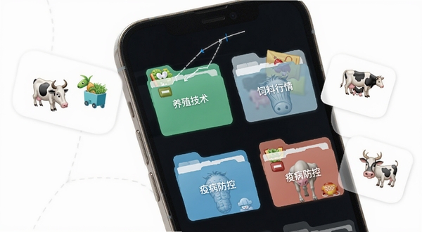 畜博导航行业站点聚合功能展示图,画面中一部手机屏幕显示多个分类文件夹,分别标注养殖技术、饲料行情、疫病防控等标签,每个文件夹旁边有对应的图标,背景为白色,画面简洁明快,突出导航聚合的特点