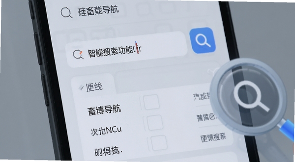 畜博导航智能搜索功能界面,手机屏幕特写,搜索框内显示输入中的关键词,下方弹出联想词列表,背景为浅灰色,画面右侧有搜索图标和放大镜元素,整体呈现科技感与便捷感